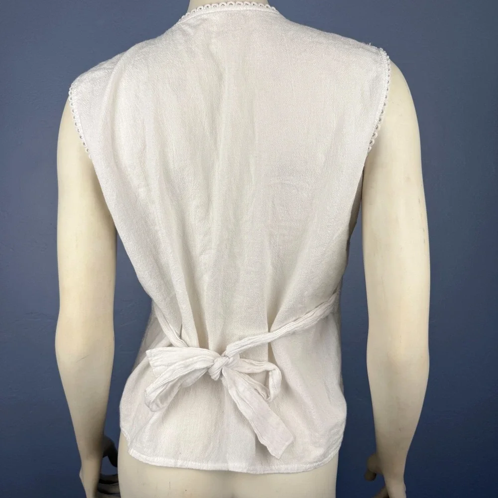 Handmade Embroidered Pink Flowers White Button Up Tank Vest Sleeveless Size‎ M